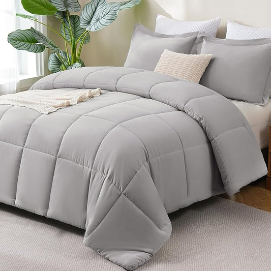 CozyLux Full Size Comforter Sets - 270GSM French Grey Bedding Sets for All Seasons, 3 Pieces Box Stitched Bed Set with 1 Down Alternative Comforter and 2 Pillow Shams, Soft, Lightweight, Breathable