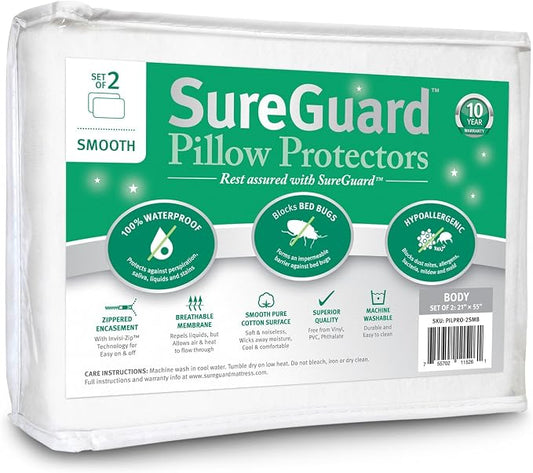Set of 2 Body Size SureGuard Pillow Protectors - 100% Waterproof, Bed Bug Proof, Hypoallergenic - Premium Zippered Cotton Covers - Smooth