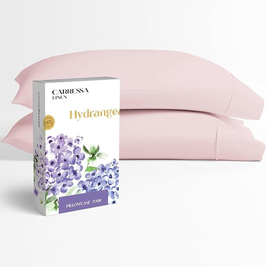 Carressa Linen 100% Egyptian Cotton Pillow Cases Queen Size Set of 2 - Luxury 600 Series Hydrangeas Collection Queen Size Pillowcases (Blush), Cooling Sateen Weave Hotel Quality Bed Pillow Cover
