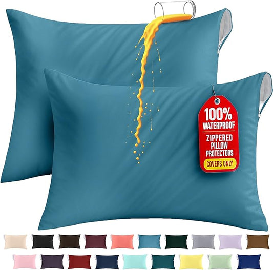 Utopia Bedding Premium 100% Waterproof Pillow Protectors with Zipper Queen Size (Set of 2), Bed Bug and Dust Mite Proof Zippered Pillow Covers, Pillow Encasement Cases, Denim Blue