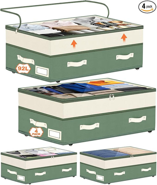 Dolicer 4 Pack Under Bed Storage with Wheels, 6in-10in Height Adjustable Underbed Storage Containers, 92L XXXL Under Bed Drawers Rolling Bin with Clear Lids for Dorm Shoes Clothes Organizers(Green)