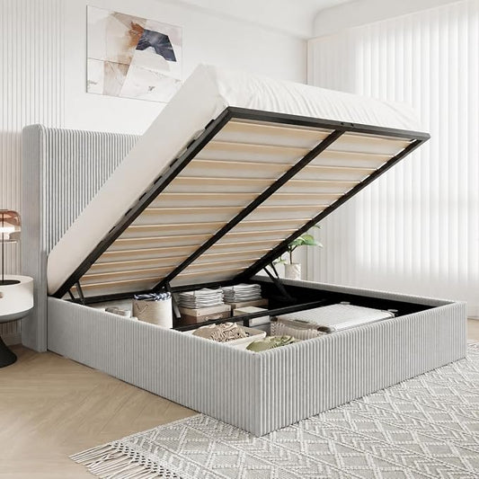 Allewie Full Lift-Up Storage Bed Frame with Modern Wingback Headboard, Corduroy Upholstered Platform Bed, Hydraulic Gas Lift Support, Underbed Storage, Wooden Slats, No Box Spring Needed, Grey