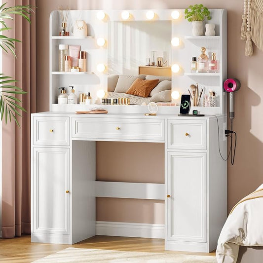 Large Vanity Desk with Mirror and Lights, Makeup Vanity with Power Outlets, 3 Drawers and 2 Large Cabinets, 3 Lighting Modes Adjustable Brightness, Dressing Table for Women Girls, White