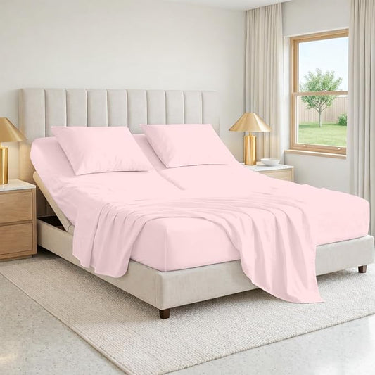 SGI bedding 34" Cal King Split Top Flex Head Sheet 100% Egyptian Cotton Sheet Set 1000 Thread Count Flex Top Sheet for Adjustable Bed 4Pc Sheet Set 15" Deep Pocket for Sleep Number Bed - Blush