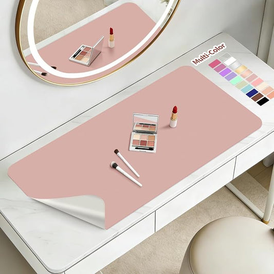 Makeup Mat for Vanity to Protect Desk Top 23.6 x 15.7 in, Dual-Sided Makeup Mat, Easy to Clean Desk Pad - Waterproof and Oilproof Vanity Accessories (Pink and Silver)