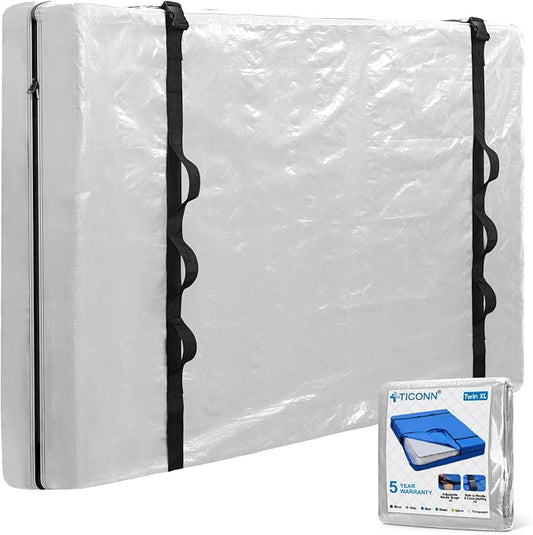 TICONN Mattress Bags for Moving, Heavy Duty Twin XL Mattress Cover Storage Bag with Full-Around Handle and Adjustable Buckles (Clear, Twin XL)