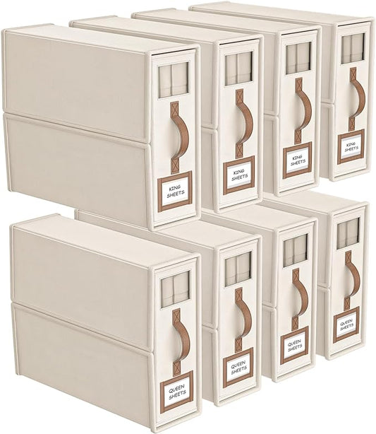 8 Pack Foldable Bed Sheets Set Organizers and Storage(King & Queen Size),Linen Fabric Closet Organizers with Window,Folding Bedding Storage Box for Bedsheets and Pillow Cube Organizer-Beige