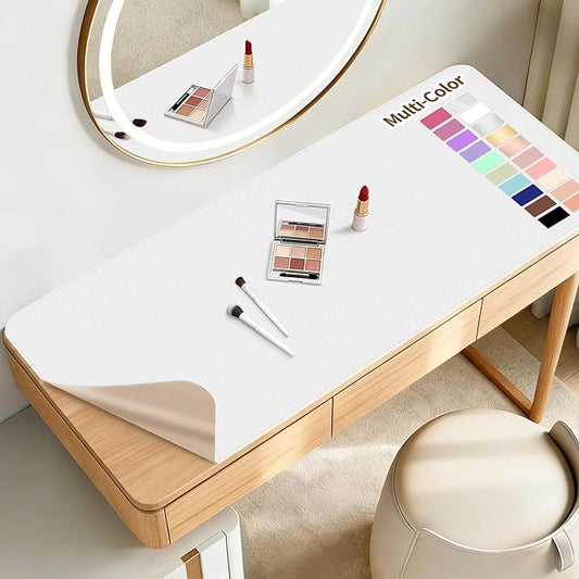 Makeup Mat for Vanity to Protect Desk Top 31.5 x 15.7 in, Dual-Sided Makeup Mat, Easy to Clean Desk Pad - Waterproof and Oilproof Vanity Accessories (White and Khaki)
