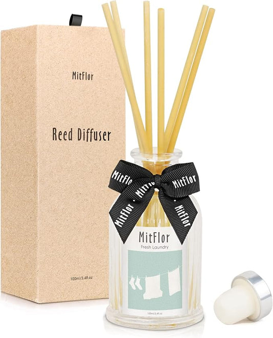 Fragrance Diffuser, MitFlor Fresh Laundry Reed Diffuser Set with Natural Rattan Sticks, Elegant Aromatic Home Décor, Refreshing Scent Diffuser for Living Room, Bedroom, Bathroom & Office, 3.4 fl oz