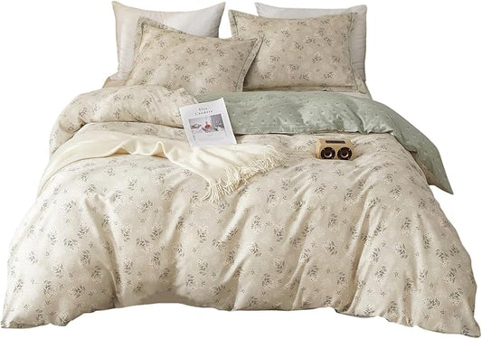 mixinni Duvet Cover Set Floral Queen Size 100% Cotton Bedding Flower Green Leaves on Beige Comforter Cover Set (1 Duvet Cover+ 2 Pillowcases) for Her and Him-Easy Care, Soft and Durable Queen Size