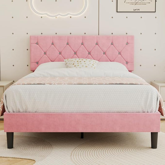 VECELO Full Size Bed Frame with Diamond Tufted Headboard, Upholstered Platform Bedframe with Wood Slat Support, No Box Spring Needed, Mauve Pink