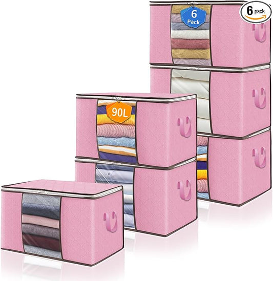 90L Clothes Blanket Storage Bags, 6 Pack Under Bed Storage Bins with Lids, Foldable Closet Organizer with Reinforced Handles for Clothing, Blanket, Comforters, Bed Sheets, Pillows and Toys, Pink
