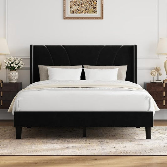 Novilla Full Size Bed Frame, Full Bed Frame with Headboard, Velvet Upholstered Wing Side Headboard, No Box Spring Needed, Heavy Duty Feet, Easy Assembly, Black Velvet