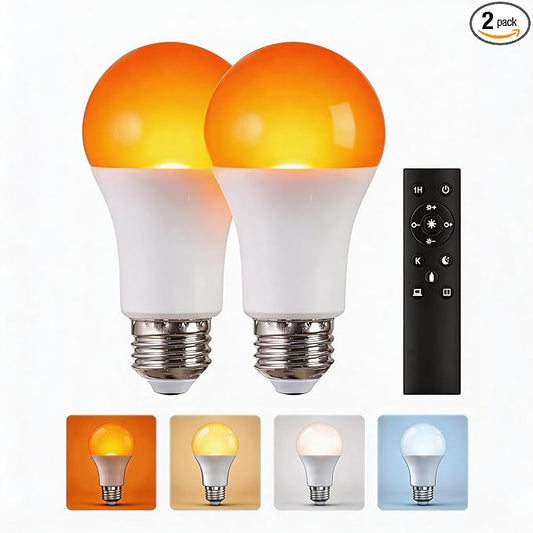 Amber Sleep Light Bulbs with Remote Control, 800LM 9W (60W Equivalent),Circadian Rhythm Light Bulb,Dim,1800K-6500K,E26,2.4G,Warm and Reading Light Bulb for Home Decor,2Bulb&1Remote
