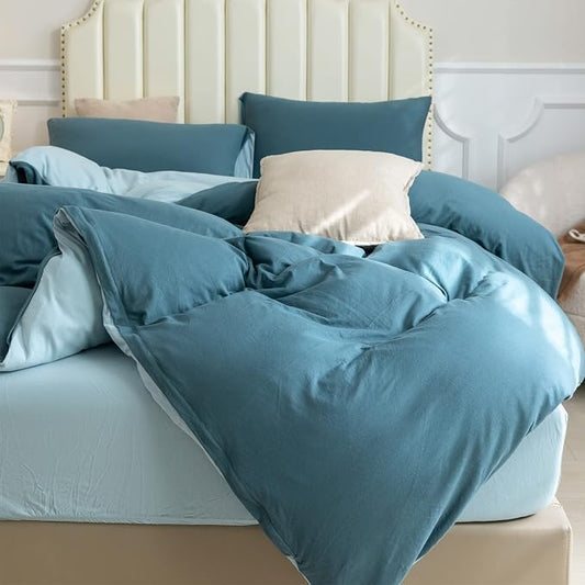 PURE ERA Jersey Knit Duvet Cover Set 100% T-Shirt Cotton Super Soft Comfy 3pc Bedding Set with Zipper Closure (Solid Cerulean Blue/Light Blue, Queen)
