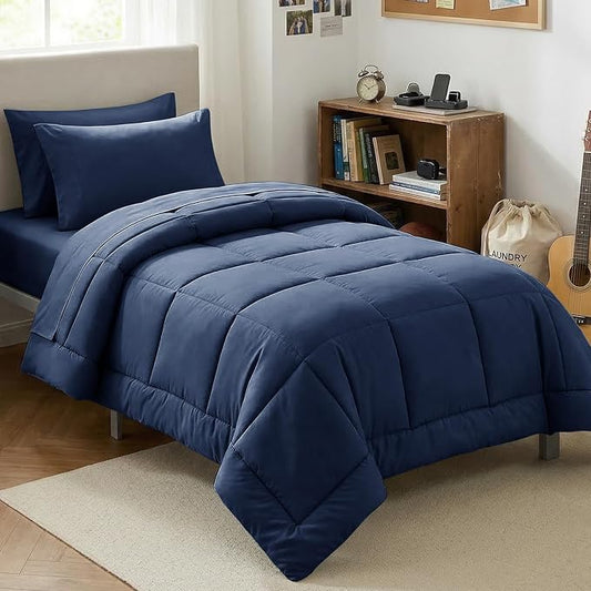 CozyLux Twin Comforter Set with Sheets Navy Blue, 5 Pieces Bed in a Bag, Blue Comforter Twin Size, All Season Bedding Set with Stitch Quilted Comforter, Flat Sheet, Fitted Sheet, Pillowcases