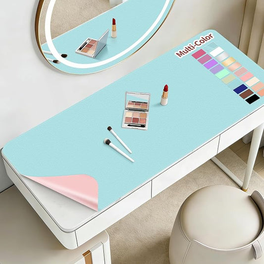 Makeup Mat for Vanity to Protect Desk Top 23.6 x 11.8in, Dual-Sided Makeup Mat, Easy to Clean Desk Pad - Waterproof and Oilproof Vanity Accessories (Blue and Pink)