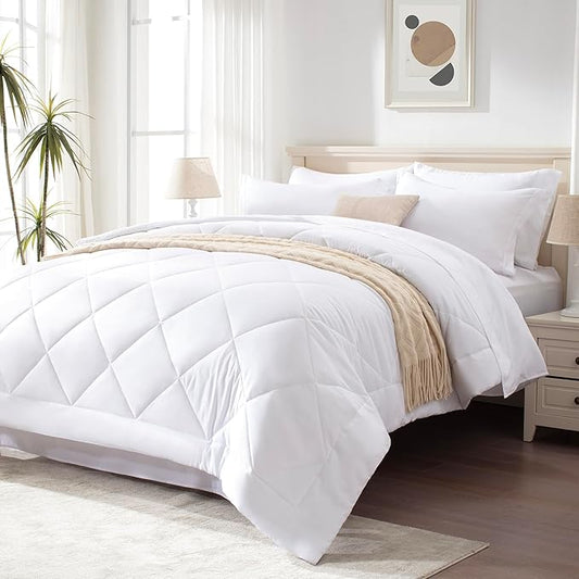 Love's cabin Full Comforter Set White, 7 Pieces Full Bed in a Bag, All Season Bedding Sets with 1 Comforter, 1 Flat Sheet, 1 Fitted Sheet, 2 Pillowcase and 2 Pillow Sham | Soft, Breathable, Lightweight, Comfortable