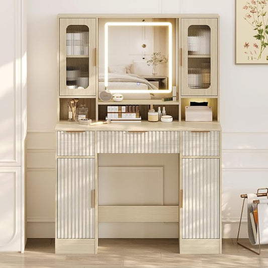Garvee Vanity Desk with Mirror and Light, Modern Makeup Dressing Table with Adjustable 3 Colors Light, Vanities for Bedroom with 2 Glass Cabinet, 2 Large Cabinet, 3 Drawers & Storage Shelves, Natural