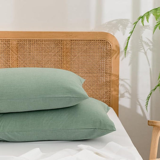 BESTOUCH 100% Washed Cotton Pillowcase for Hair and Skin Linen Feel Soft Comfortable Breathable 2 Set Pillow Case with Envelope Closure Solid Green King 20x36 Inches