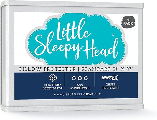 Little Sleepy Head Waterproof, Zippered Standard Pillow Protectors, Terry Cotton, Pillow Covers Protect from Moisture - 2 Pack, (21x27)