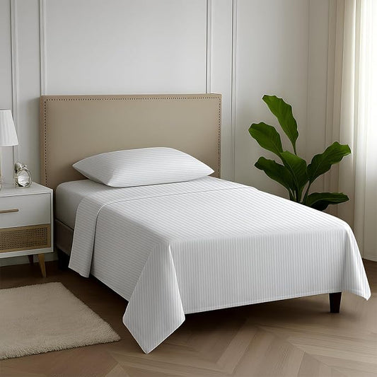 Carressa Linen Striped Egyptian Cotton Sheets Twin XL Size - 600 Series Hydrangeas Collection Damask Twin XL Deep Pockets Sheet Set (3 PC, White Stripe), Sateen Bottom Sheets for Dorm Room