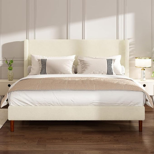King Boucle Bed Frame, Platform Bed with Upholstered Wingback Headboard, Strong Wooden Slats Support, Noise-Free, No Box Spring Needed, Easy Assembly, Beige