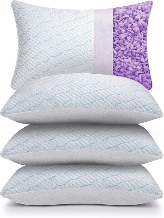 WISHSMILE Cooling Pillows Queen Size Set of 4, Shredded Memory Foam Pillows with Zipper, Adjustable Firmness for Sleeping Cool Cold Pillow for Hot, Side Sleepers,20x30,4 Pack
