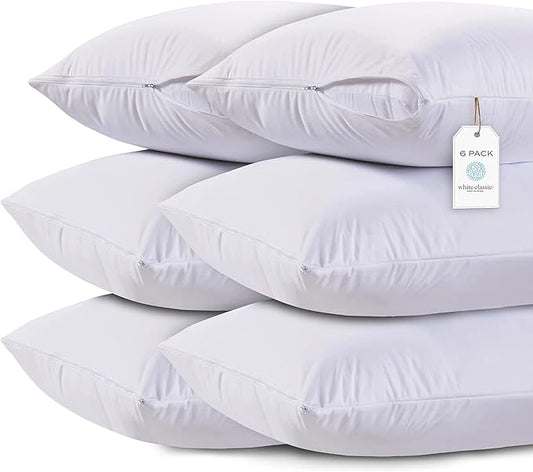 White Classic Zippered Style Pillow Case Cover - Luxury Collection 200 Thread Count, Soft Quiet Zippered Pillow Protectors, Standard Size, 6 Pack Pillow Shams