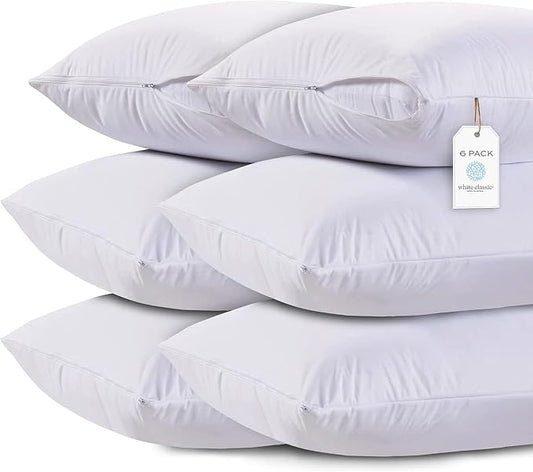 White Classic Pillow Cases Queen Size Set of 6-20 x 30 Ultra-Soft Queen Pillow Protectors with Zipper, 200 Thread Count, Envelope Closure, Pillow Shams