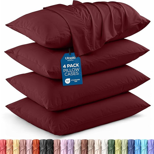 Utopia Bedding Standard Pillow Cases - 4 Pack - Envelope Closure - Soft Brushed Microfiber Fabric - Shrinkage and Fade Resistant Pillow Covers Standard Size 20 X 26 Inches (Standard, Burgundy)
