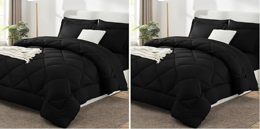 CozyLux Queen Comforter Set Black - Bed in a Bag Queen Size 7 Pieces, Luxury Soft Bed Set for All Seasons, Bedding Set with Down Alternative Comforter, Sheets, Pillowcases & Shams (Pack of 2)