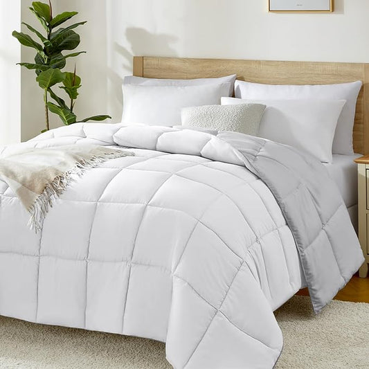 Homelike Moment Comforter King Size - Grey Duvet Insert Down Alternative Bed King Comforter, Lightweight Bedding Comforters Quilted Soft All Season Reversible White/Light Gray