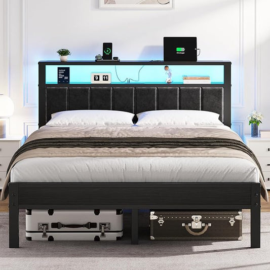 OLEVS Queen Size Bed Frame with LED Lights & Charging Station, Modern Platform Bed with 2-Tier Storage Headboard, No Box Spring Needed, Noise Free