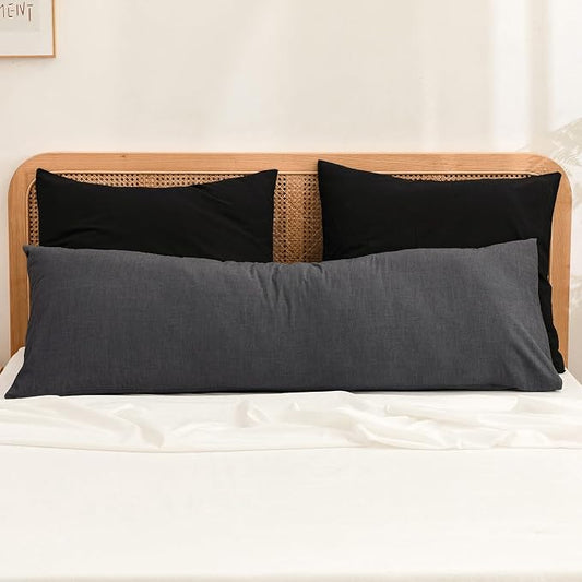 BESTOUCH 100% Washed Cotton Pillowcase for Hair and Skin Linen Feel Soft Comfortable Breathable 1 Pcs Pillow Case with Envelope Closure Solid Dark Black Body 20x54 Inches