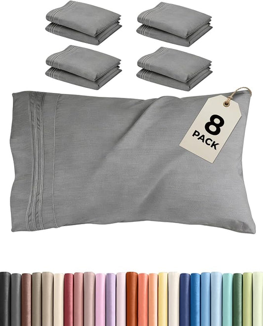 Queen Pillow Cases Set of 8 - Ultra Soft Hotel Quality Pillowcase Covers - Comfy & Wrinkle Free - Shrink, Stain and Fade Resistant - Machine Washable Pillow Protectors - 8 Piece Set - Heathered Grey