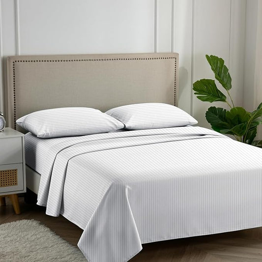 Carressa Linen Luxury Egyptian Cotton Queen Stripe Sheet Set - 600 Series Hydrangeas Collection Long Staple Queen Damask Sheets Set (4 PC, White Stripe), Sateen Sheets Upto 18 in Deep Pocket