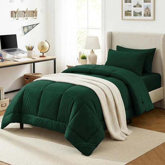 CozyLux Twin XL Comforter Set Emerald Green, 5 Pieces Twin Extra Long Bed in a Bag for College Dorm, All Season Bedding Set with Stitch Quilted Comforter, Flat Sheet, Fitted Sheet, Pillowcases