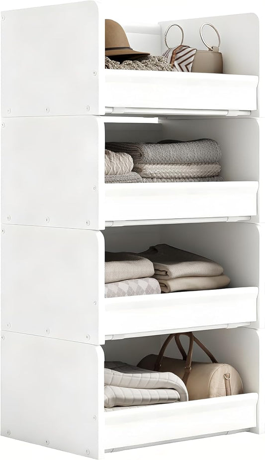 FOUCSSOMEI 4-Tier Stackable Closet Organizers and Storage, Closet Shelves – Heavy-Duty Stackable Closet Darwers Wood & Metal, Easy Assembly, Space-Saving,White, Patent Design