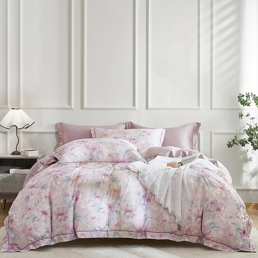 OAITE Duvet Cover Set King Size Floral Pattern 600 Thread Count Ultra Soft 100% Long Staple Cotton Duvet Cover Sets 3-PC, Breathable Duvet Cover with Zipper Closure & Corner Ties