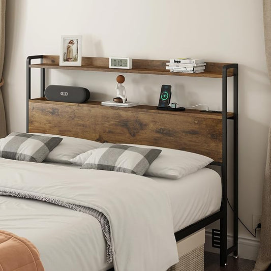 METYERRY Adjustable Full Size Headboard with Outlets, USB Ports,Type-C LED Lights, and Storage, Rustic Brown, Sturdy Bed Frame Headboard for Enhanced Comfort and Functionality, Full Size