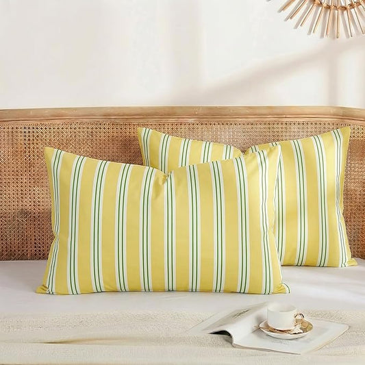 Merryword Queen Size Pillowcases, 100% Cotton Pillow Cases, Yellow and Green Striped Pillowcases, Soft Breathable Ribbon Stripe Pillow Covers, Set of 2