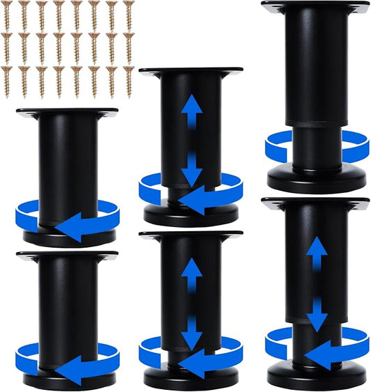 6 Pcs Adjustable Height Furniture Support Legs [with Screws] 3.15-4.72 inch, Metal Heavy Duty Furniture Replacement Legs for Chair/Bed/Sofa/Cabinet/Couch/Dresser/Bed/Table (Black)