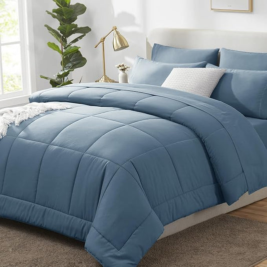 CozyLux Oversized Queen Comforter Sets Mineral Blue, 7 Pieces Bed in a Bag, Ultra-Soft All Season Bedding Sets with Stitch Quilted Comforter, Flat Sheet, Fitted Sheet, Pillowcases