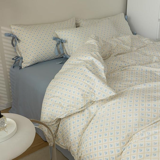 mixinni Blue Floral Duvet Cover Set Twin XL - 3 Piece Cottagecore Bedding Set with Bow Ties & Zipper Closure, 100% Cotton Soft Aesthetic Comforter Cover for Girls, Lightweight Breathable Country Style
