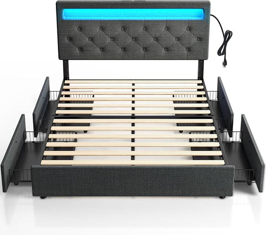 Rolanstar Full Size Bed Frame with 4 Storage Drawers and Charging Station, Full Bed with Led Lights, 2 USB & 1 Type C, Adjustable Headboard 38.9/40.9 Inches, No Box Spring Needed, Dark Gray