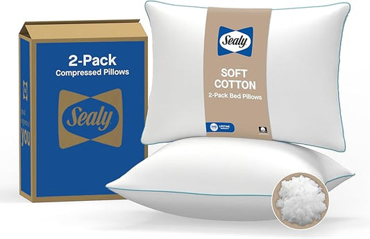 SEALY Slumber Bed Pillow Soft, Breathable, 100% Cotton Cover, Temperature Balancing, Moisture Wicking, Hypoallergenic EverFluff Fiberfill, Machine Washable, King Size Pillow, White- 2 Pack