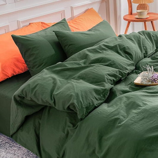 NEXHOME PRO Duvet Cover Set King Size Linen Feel Textured Organic Natural 100% Washed Cotton Duvet Cover 3 Pieces Bedding Set with Zipper Closure, Breathable, Forest Green (No Comforter)