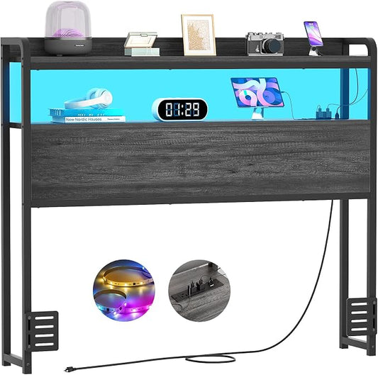 Aheaplus Headboard for Twin Size Bed Frame, Headboards with Outlets, USB Ports and LED Light, Head Board with Storage, Height Adjustable, Sturdy and Stable Headboard, Twin Size, Black Oak