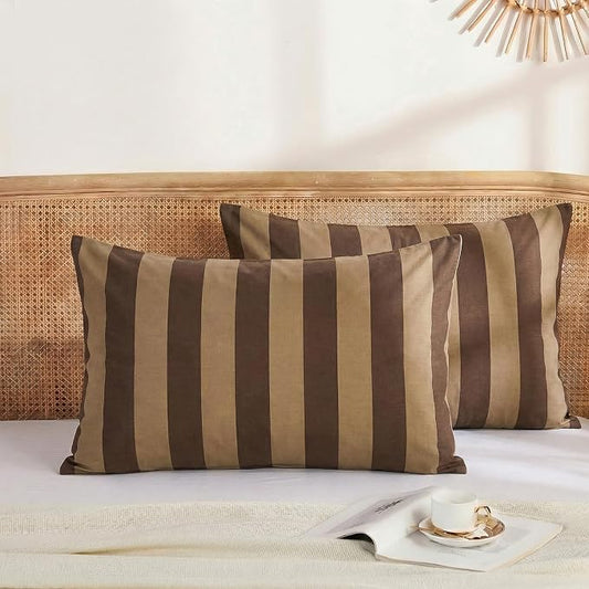Merryword King Size Pillowcases, 100% Cotton Pillow Cases, Brown and Khaki Striped Pillowcases, Soft Breathable Wide Stripes Pillow Covers, Set of 2